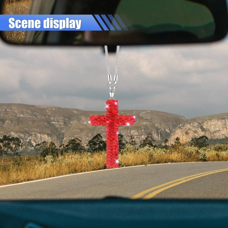 ZIMISI Bling Cross Car Hanging Ornament, Crystal Rhinestone Car Rearview Mirror Pendant for Women, Diamond Rear View Mirror Charm Present, Universal Vehicle Interior Decoration Accessory (Red) - Image 3